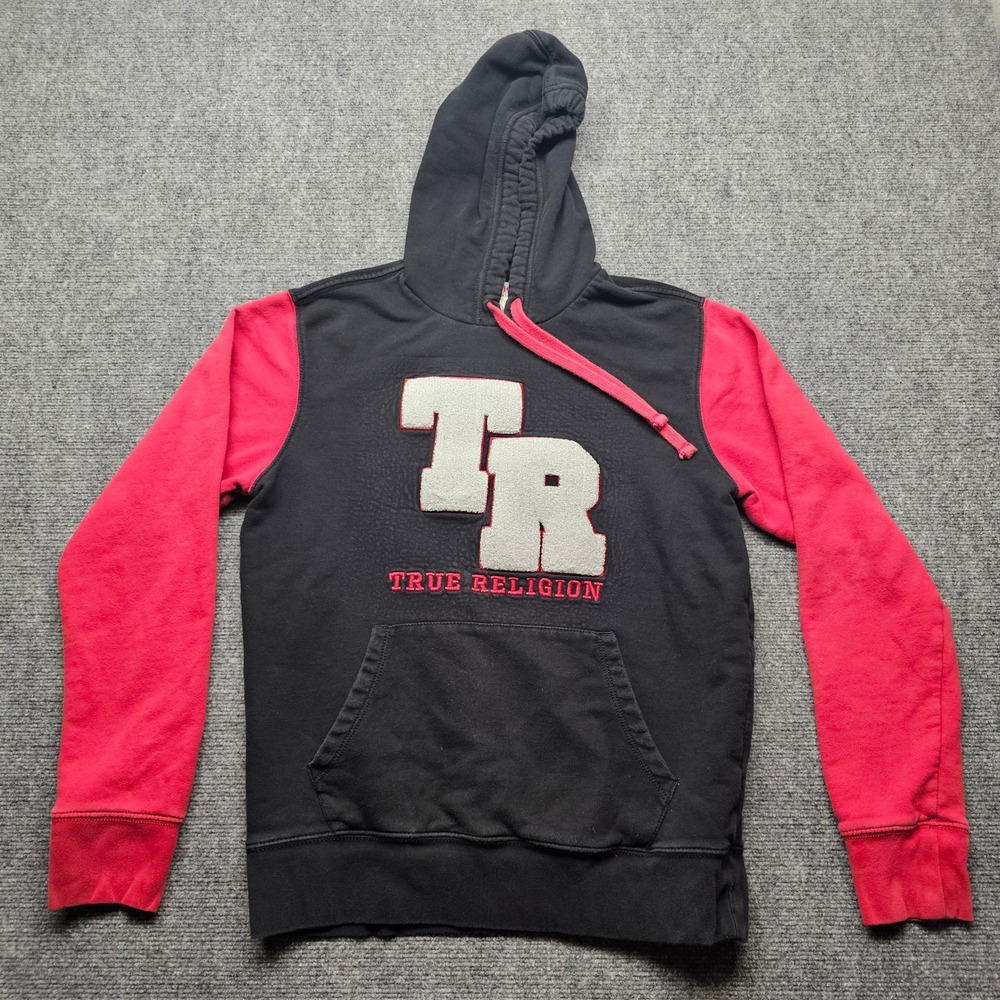True Religion Mens Pullover Hoodie Black Red Colorblock TR Patch G3MX20XX02216 M
